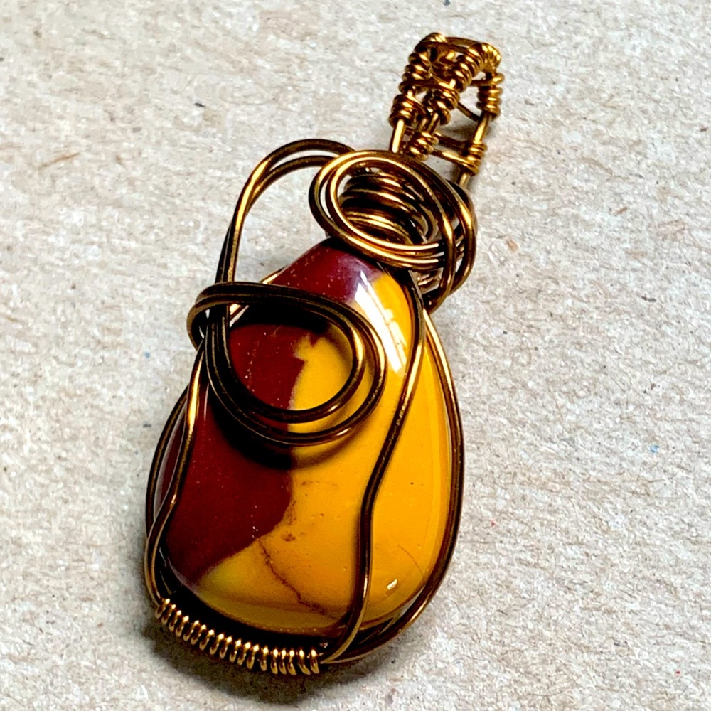 Handcrafted Wire-Wrapped Mookaite Jasper Pendant on Tarnished Brass Chain NWT